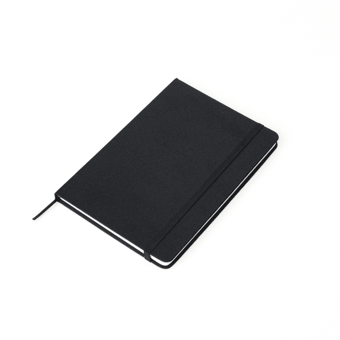 A black RPET notebook with a textured cover and an elastic band closure, featuring white pages.