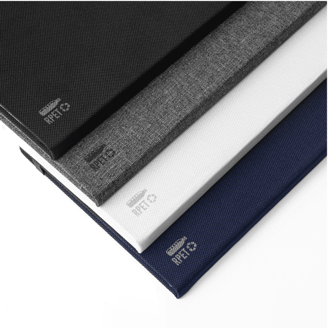 A set of three RPET notebooks in black, grey, and navy, featuring textured covers and a logo.