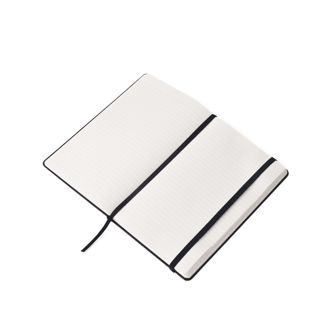 An open A5 premium hard cover notebook with black covers and lined pages, featuring an elastic closure.