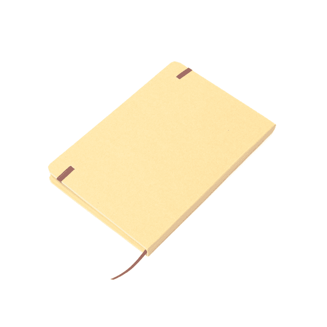 A recycled notebook in a light brown colour, featuring elastic closures and a brown ribbon. It has a simple design and no visible logos.