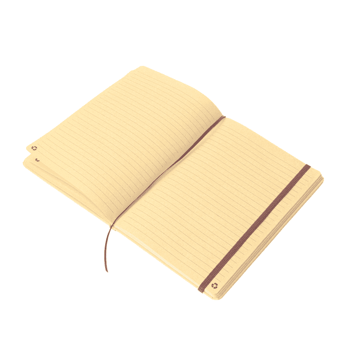 A recycled notebook with lined pages and a brown elastic closure, featuring a minimalist design in pale yellow.