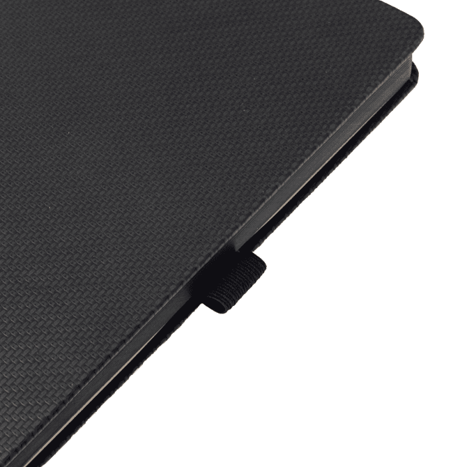 A5 carbon notebook in black with a textured cover and a ribbon bookmark.