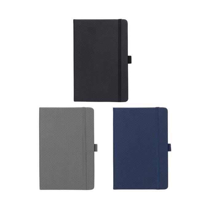 A5 Carbon Notebook in black, grey, and navy, featuring a textured cover and an elastic band closure.