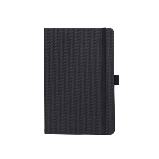 A5 carbon notebook in black featuring a textured cover and an elastic band closure. Includes a branding logo.