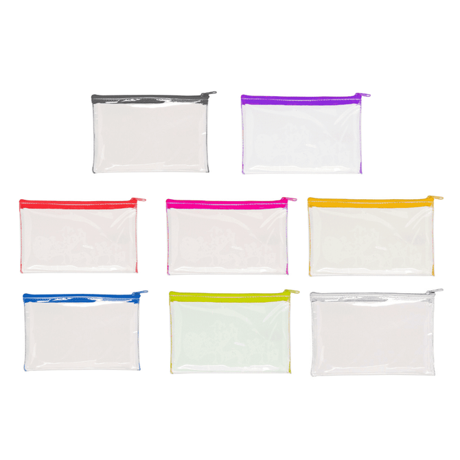 A collection of clear PVC pencil cases in various colours: red, purple, pink, yellow, green, and silver.