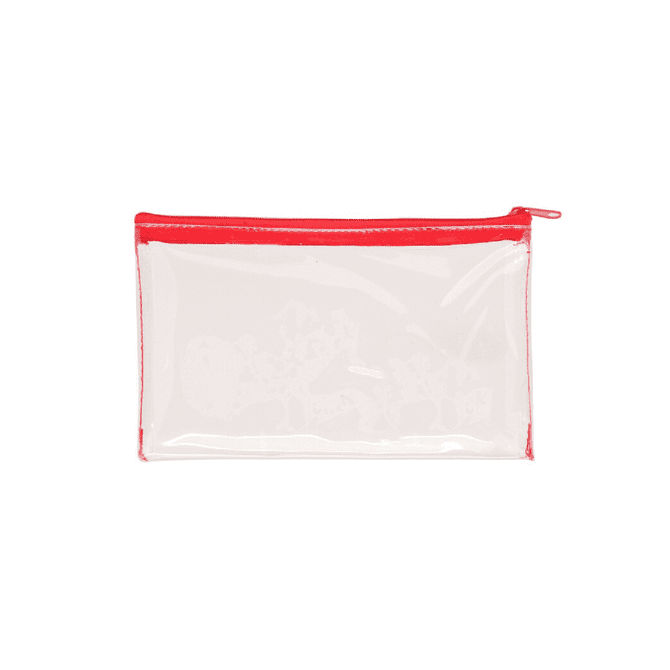 A clear PVC pencil case with a red zip, featuring a transparent design and a logo.