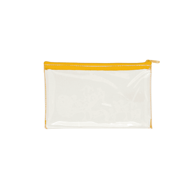 A clear PVC pencil case with a yellow zip. It features a transparent body for visibility.