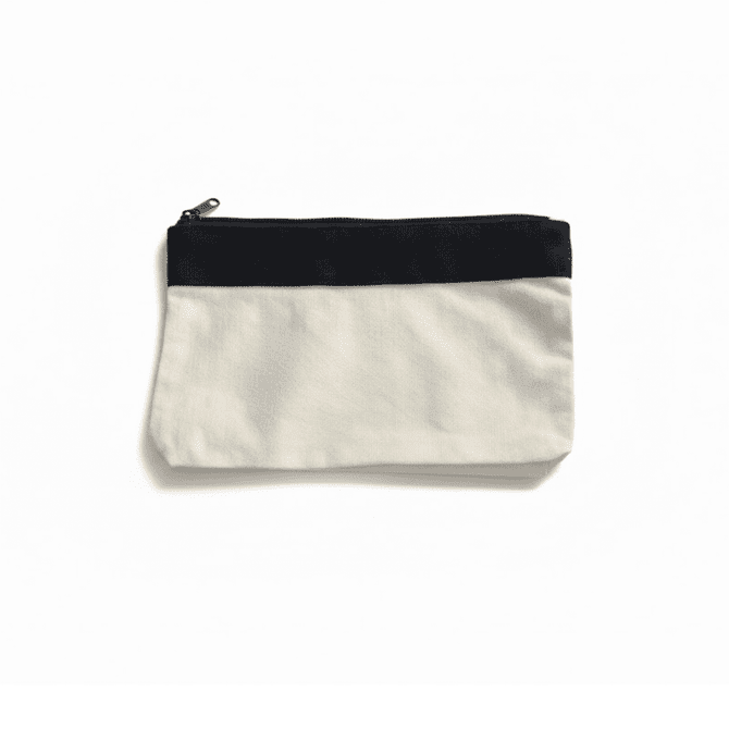 A canvas pencil case in cream and black, featuring a zip closure and a logo on the front.