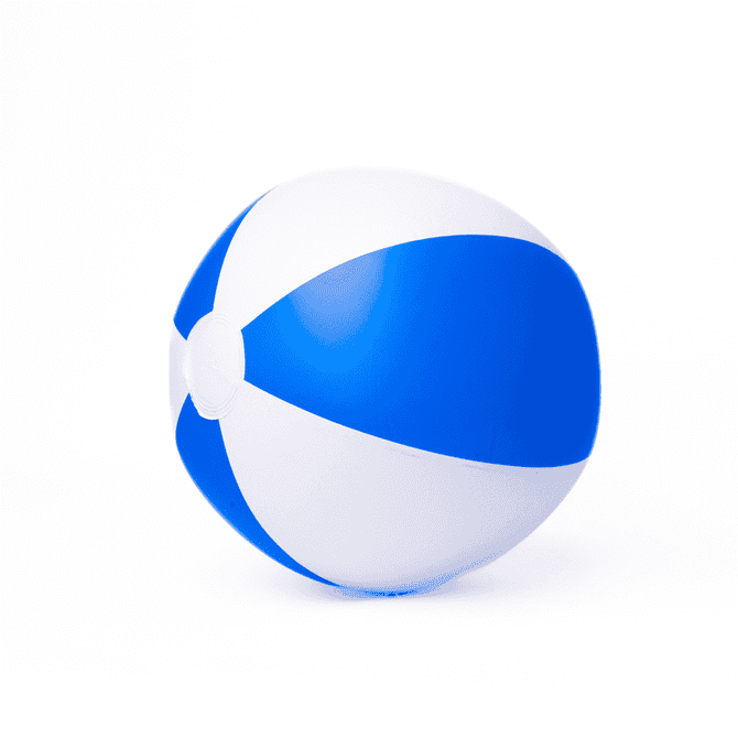 A beach ball featuring blue and white panels, ideal for leisure uses outdoors. Includes a logo.