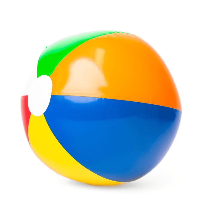 A multi-colour beach ball featuring orange, green, blue, and yellow segments, with a smooth, glossy finish.