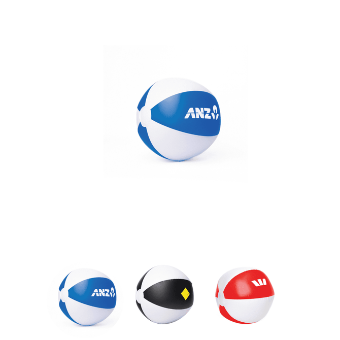 Beach balls in various colours: blue and white, yellow and black, and red and white, each featuring a logo.