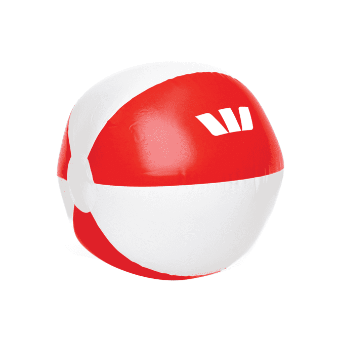 A beach ball with red and white panels, featuring a logo, ideal for leisure and outdoor activities.