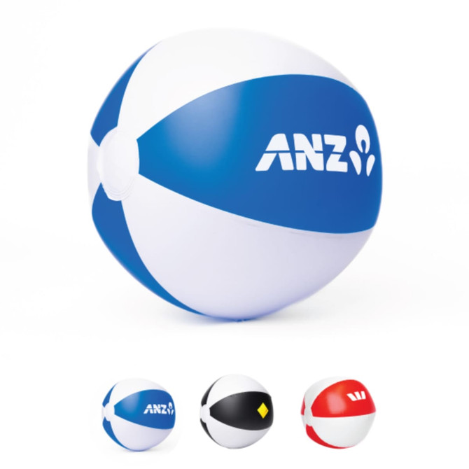 A beach ball featuring blue and white panels, with a logo on it. Other beach ball variations are shown below.