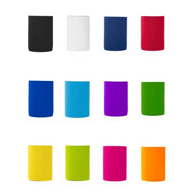 A collection of neoprene stubby coolers in various colours including black, white, blue, red, turquoise, purple, green, yellow, pink, and orange, featuring logos.