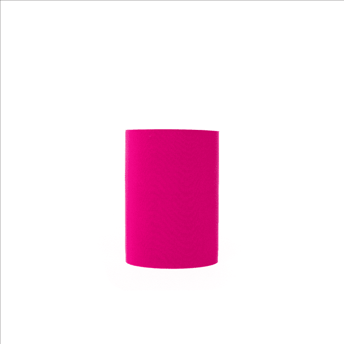 A pink neoprene stubby cooler with a simple cylindrical design and a logo on the surface.