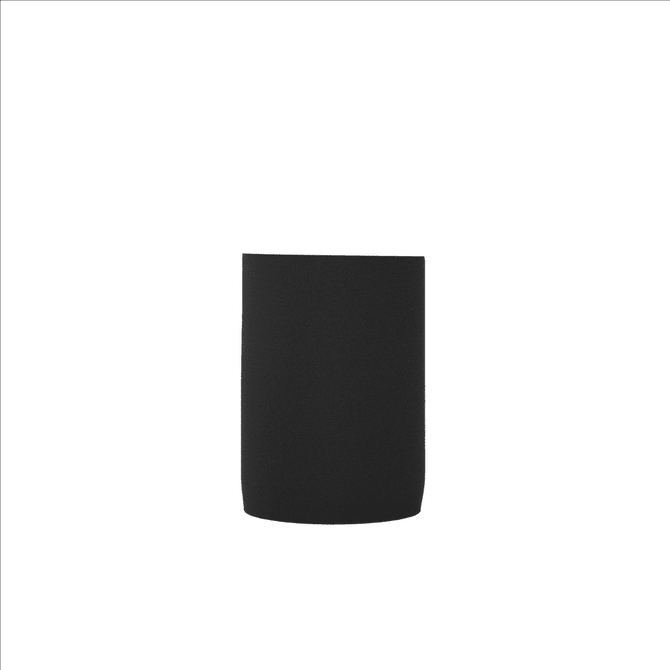 A black neoprene stubby cooler with a smooth finish and a fitted design, featuring a logo.