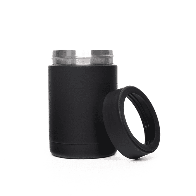 A stainless steel stubby holder in matte black, featuring a removable lid. Includes a logo on the surface.