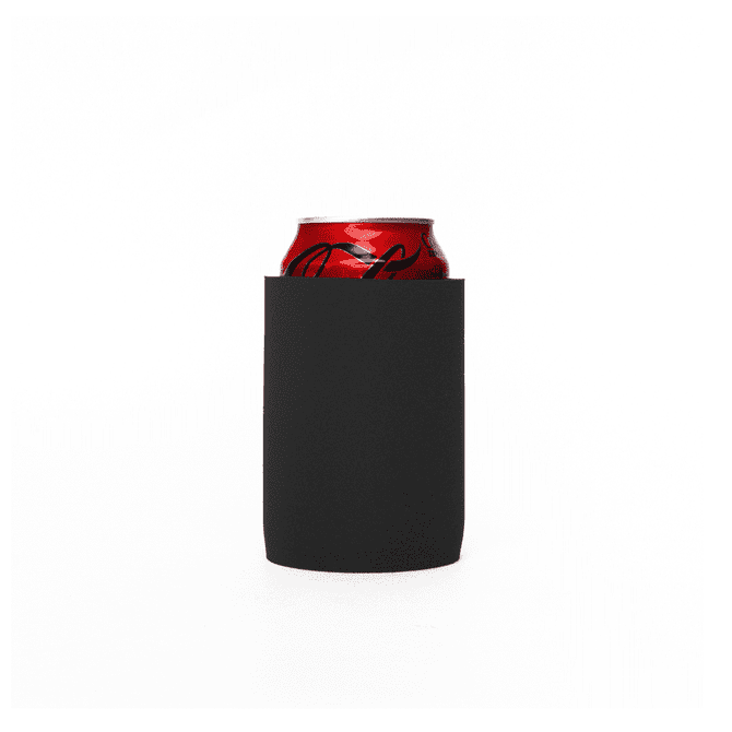 A black stubby cooler with a red drink can inside, featuring a logo.