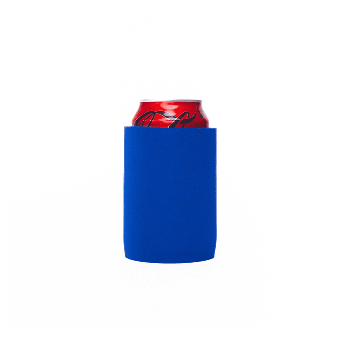A blue stubby holder encases a red drink can, featuring a smooth, solid design with a logo.