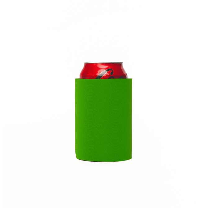 A green stubby cooler holds a can, designed to keep drinks chilled. It features a simple, branded design.