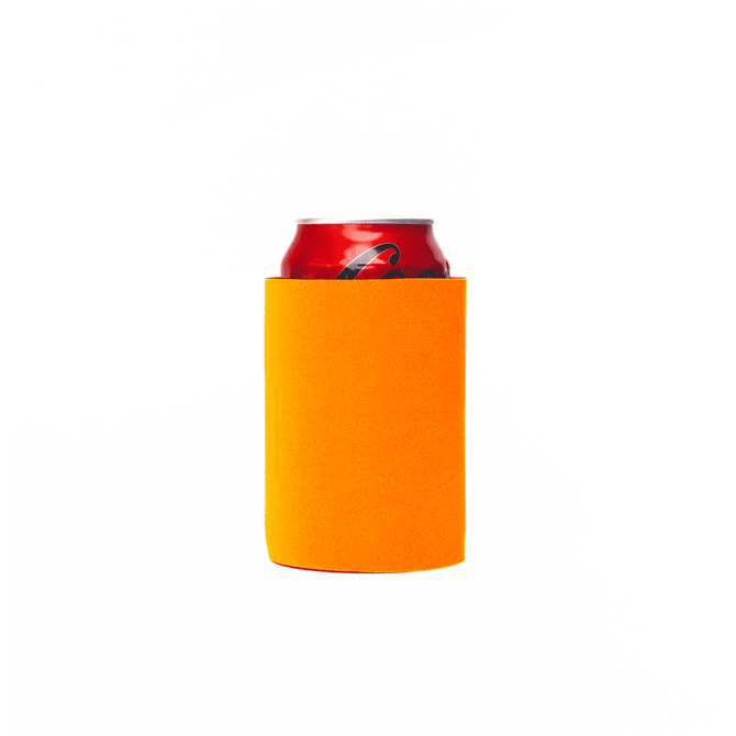 An orange stubby cooler designed to hold a drink can securely, featuring a simple and sleek design.