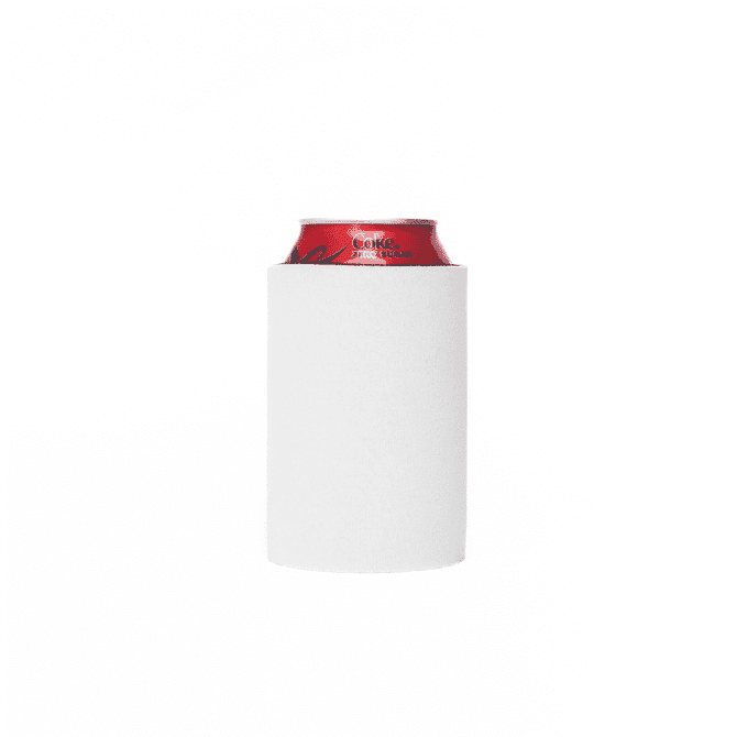 A white stubby holder with a can inside, designed to keep drinks cold. Features a logo.