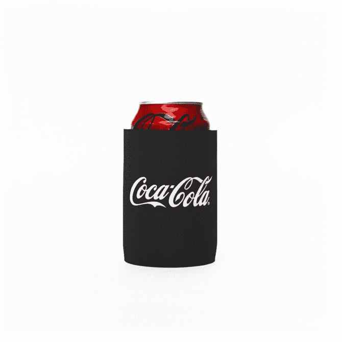 A stubby cooler in black holding a can of Coca-Cola, featuring a logo on the front.
