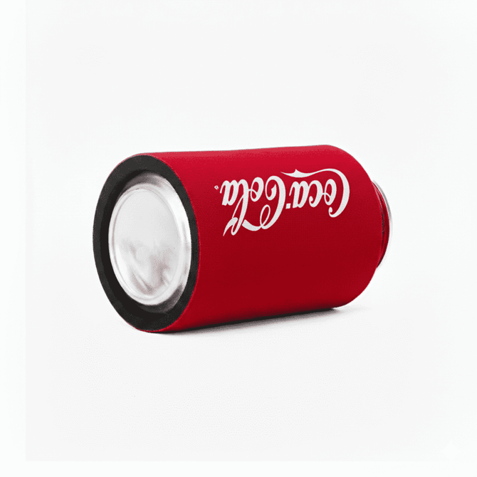 A red stubby cooler without base featuring a logo, designed for holding drink bottles.