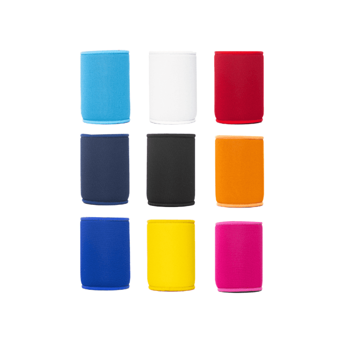 A collection of nine neoprene stubby coolers in various colours: blue, white, red, navy, black, orange, yellow, and pink. Each cooler has a logo.