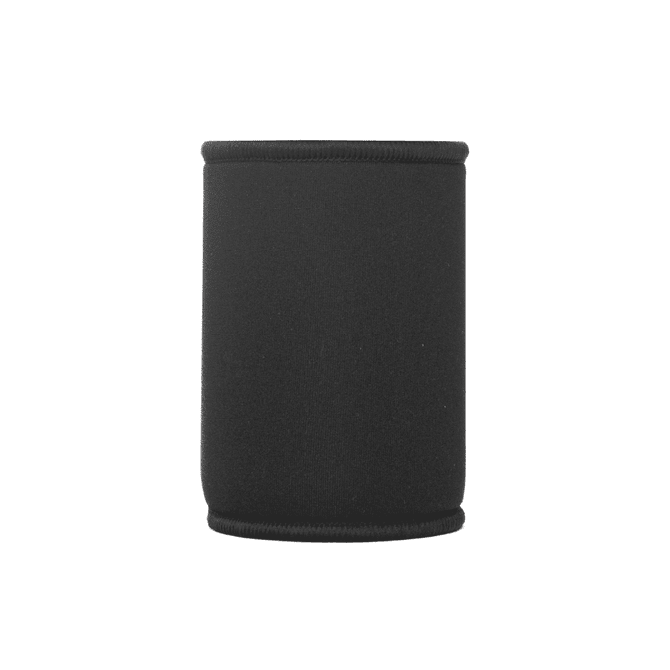 A black neoprene stubby cooler with a smooth texture and a simple design. It features branding on one side.