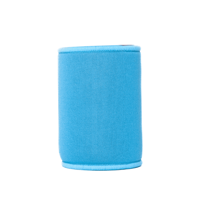 A drink bottle cooler in bright blue neoprene with a smooth finish and a branded logo.