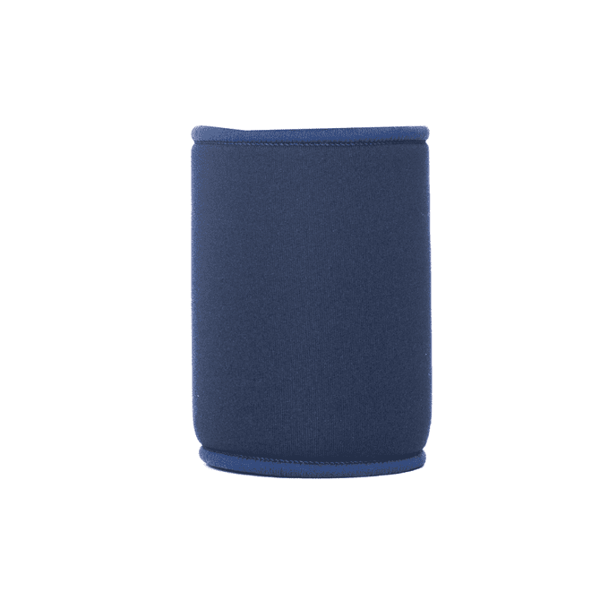 A navy blue neoprene stubby cooler with a contrasting top seam, featuring a discreet logo.