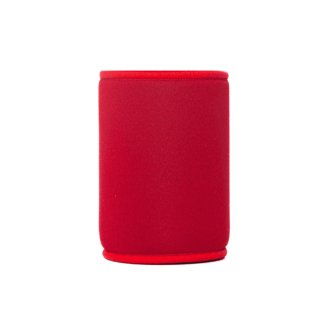 A red neoprene stubby cooler with a seamless design, suitable for holding drink bottles.