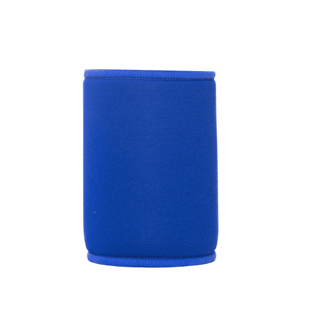 A blue neoprene stubby cooler with a fitted design, featuring a logo on the front.