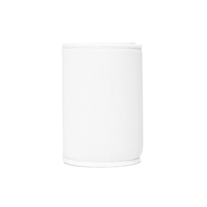 A white neoprene stubby cooler with a seamless design and a branding logo. Ideal for keeping drinks cool.