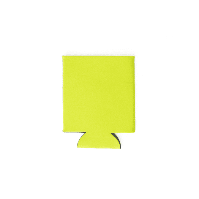 A bright green neoprene stubby cooler with a cutout base, featuring a simple design and a logo.