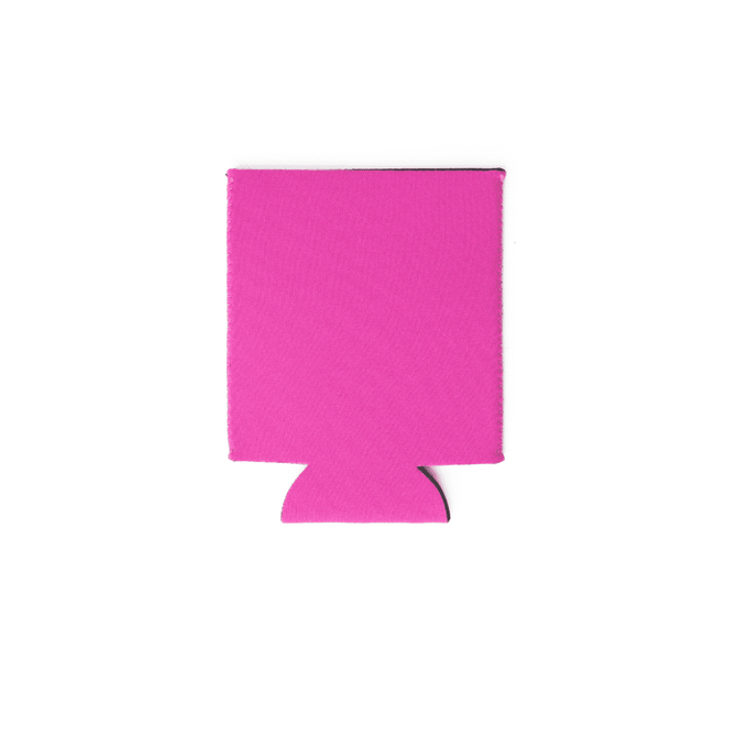 A pink neoprene stubby cooler, designed to fit around drink bottles, with a simple shape and a logo on it.
