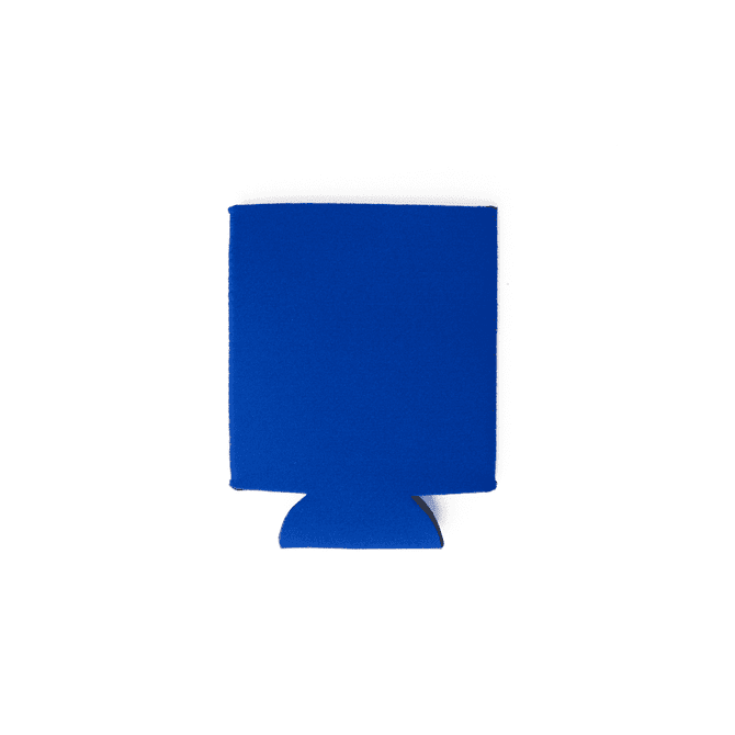A blue neoprene stubby cooler, collapsible, with a bottom cutout. The item includes a logo.