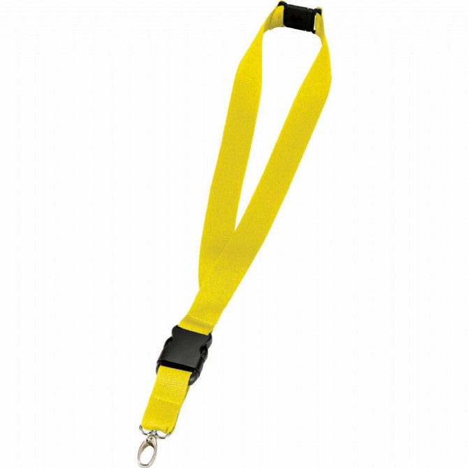 A yellow lanyard featuring a black plastic clip and a metal attachment for holding badges or keys.