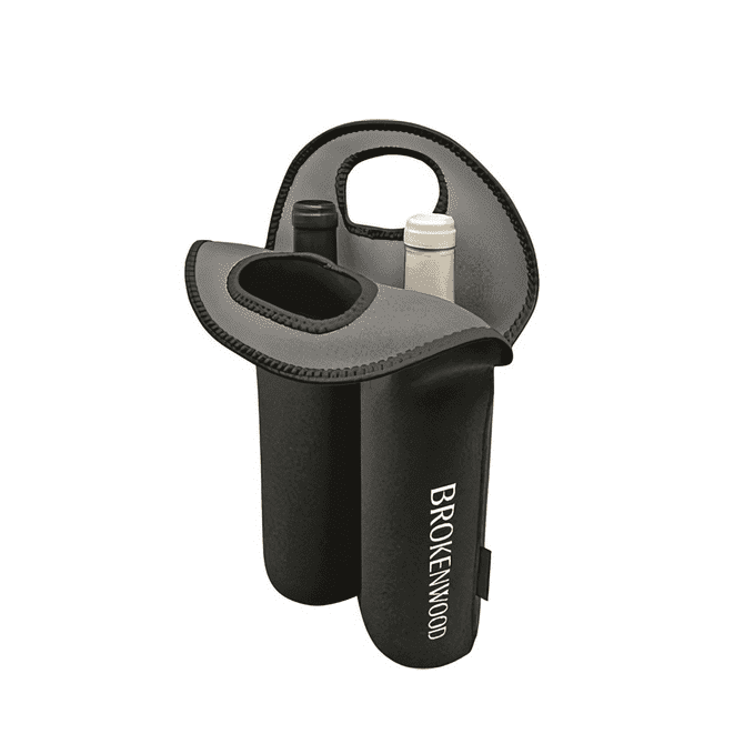 A neoprene twin wine bottle holder in black and grey, featuring a handle and space for two bottles.