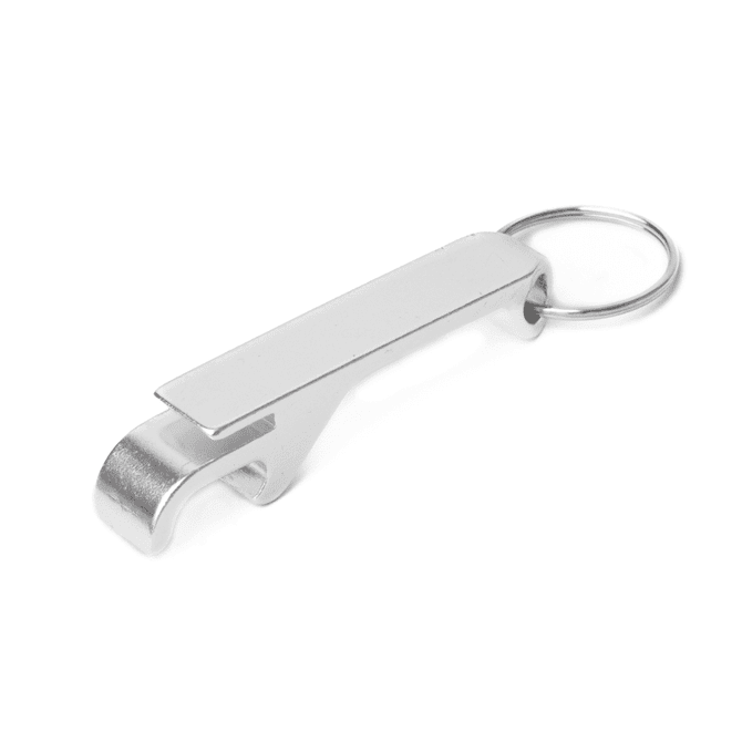 A drink bottle opener in shiny silver metal, featuring a keyring attachment and a sleek, minimalist design.