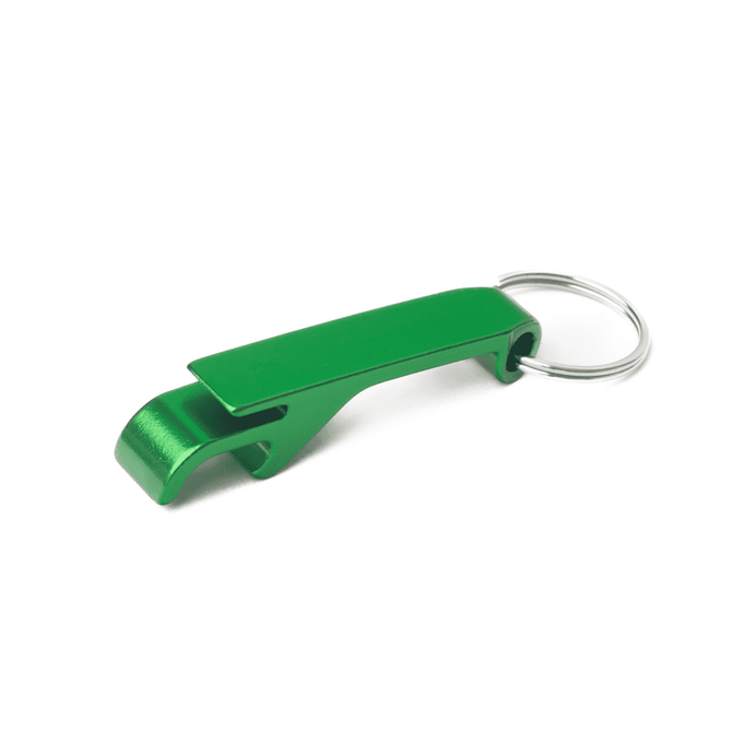 A green aluminium keyring bottle opener with a sleek design and a silver keyring attachment.
