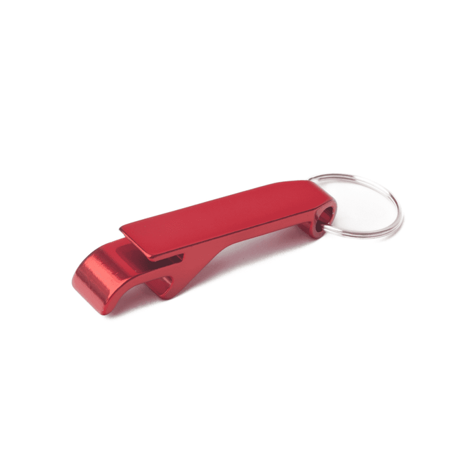 A red aluminium bottle opener keyring featuring a sleek design and a metal keyring attachment.