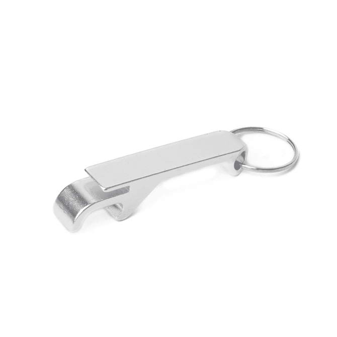 A drink bottle opener keyring in shiny silver metal, featuring a sleek design and a keyring attachment.