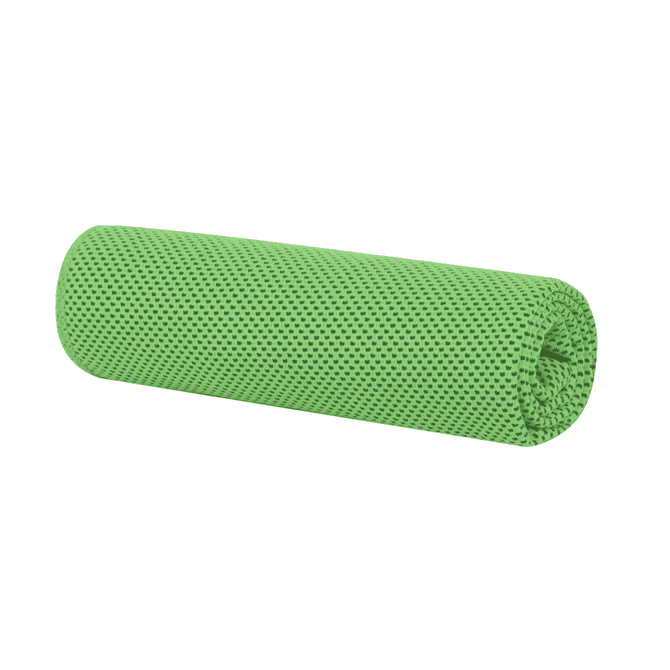 A rolled-up green cooling towel with a mesh pattern, featuring a logo on its surface.