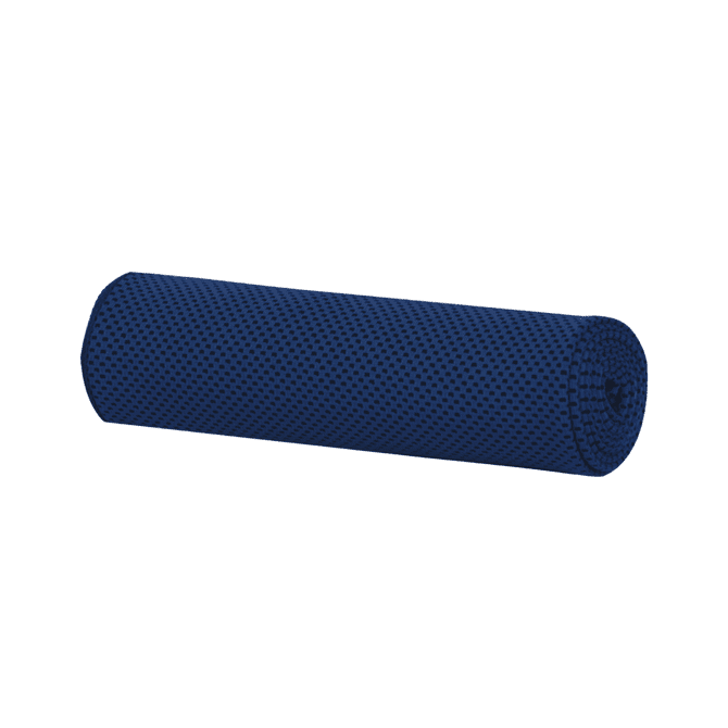 A rolled navy cooling towel with a textured surface, featuring a logo on the side.