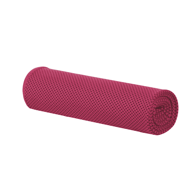 A rolled pink cooling towel with a textured surface, featuring a logo. Ideal for leisure and outdoor activities.