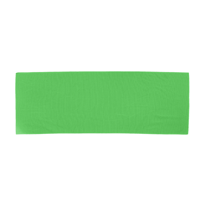 A large green cooling towel, featuring a smooth texture and an attached logo.