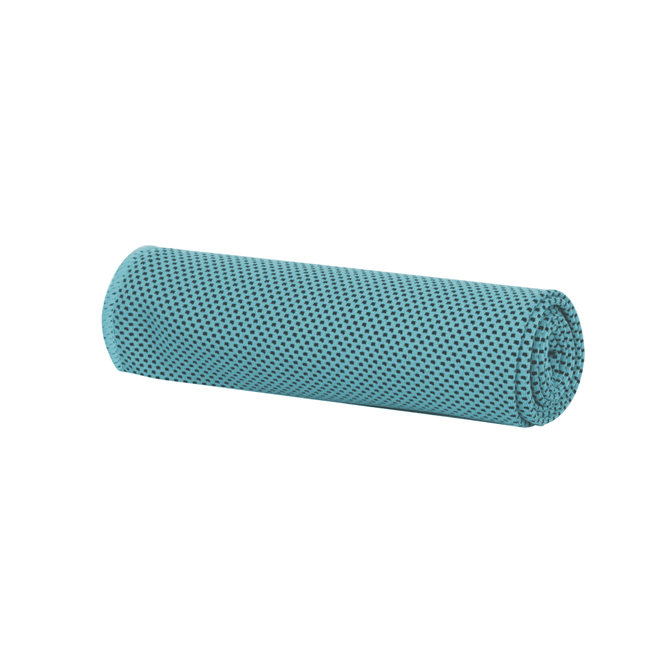 A rolled medium cooling towel in a light blue colour with a textured, breathable design. It features a logo.