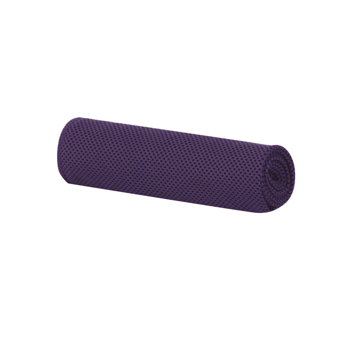 A purple cooling towel rolled up, featuring a textured surface. It includes a logo on the material.